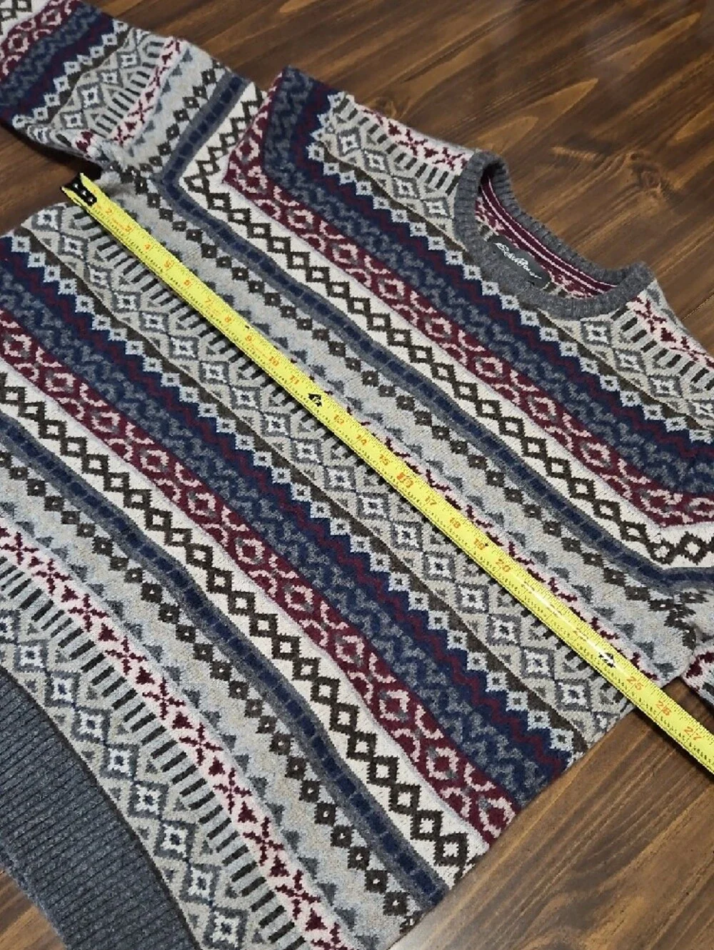 Eddie Bauer Gray Crewneck Sweater with Navy & Burgundy Fair Isle - Picture 4 of 7